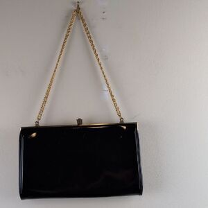 Elegant Vintage Morris Moskowitz Black Patent Leather Clutch Bag with Gold Chain